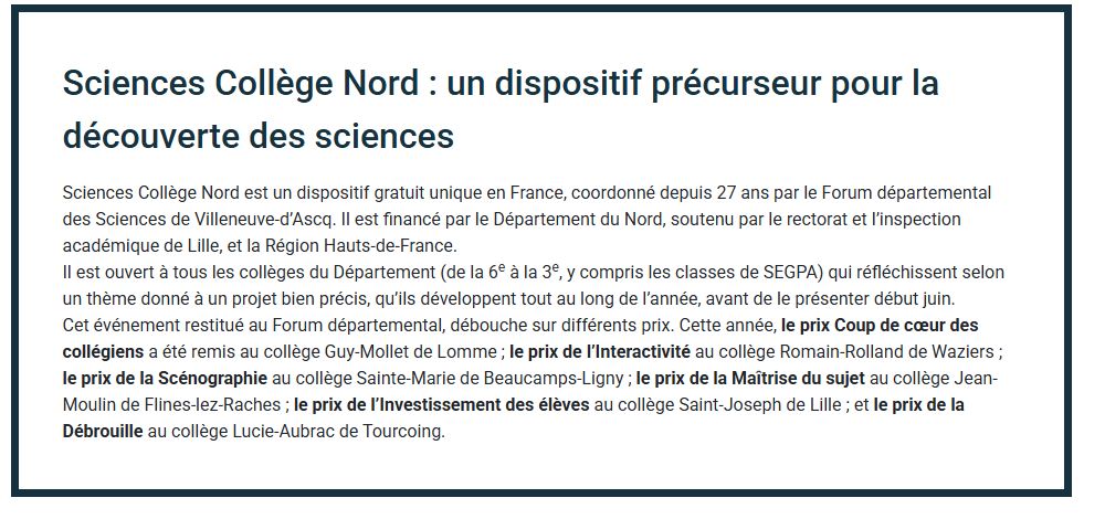 Sciences Collège Nord : un dispositif précurseur pour la découverte des sciences